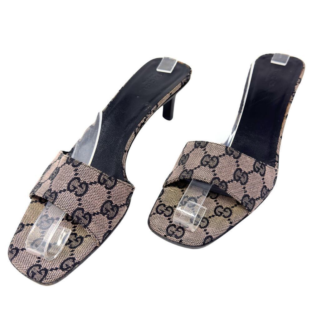 Gucci Beige Monogram Open-Toe Heeled Slides with Clear Strap
